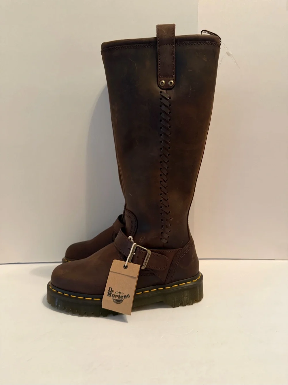 NWT Dr. Martens Anistone Brown Tall Harness Boots with Yellow Stitching